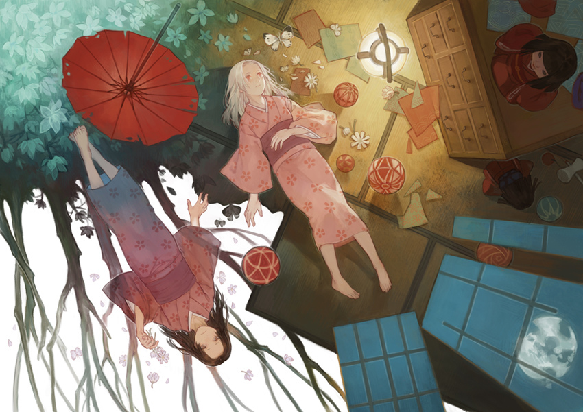 2girls, albino, ball, barefoot, black_hair, blue_flower, bug, butterfly