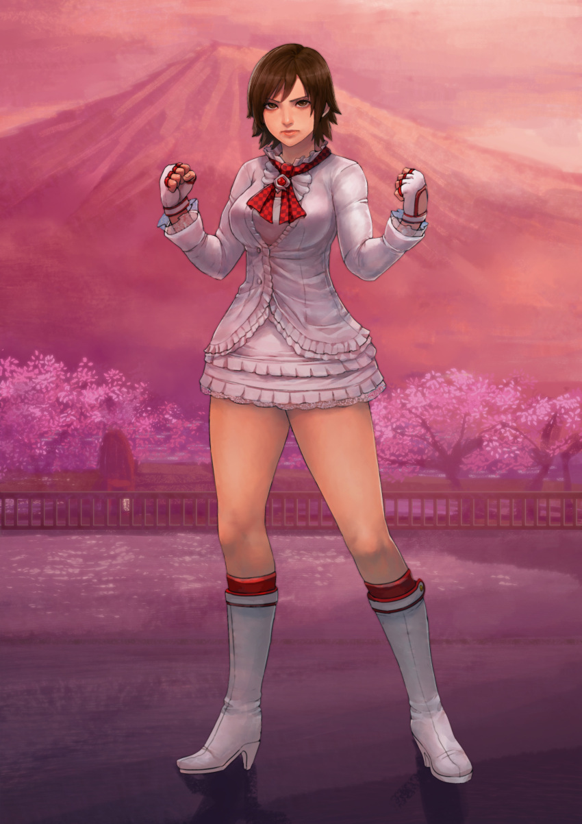 1girl, absurdres, alternate_costume, bangs, boots, bow, breasts, brown_eyes