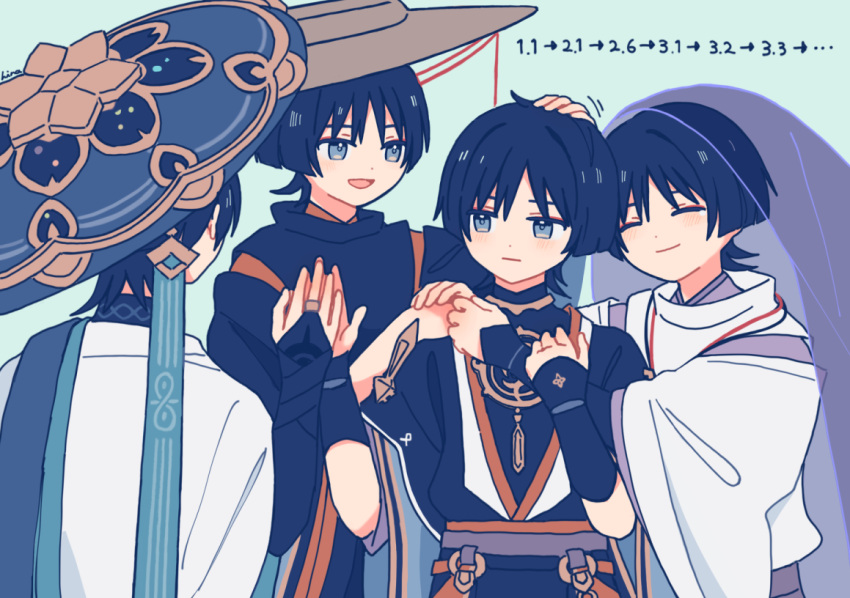 4boys, arm_armor, arm_up, arrow_(symbol), back, bangs, belt, black_shirt