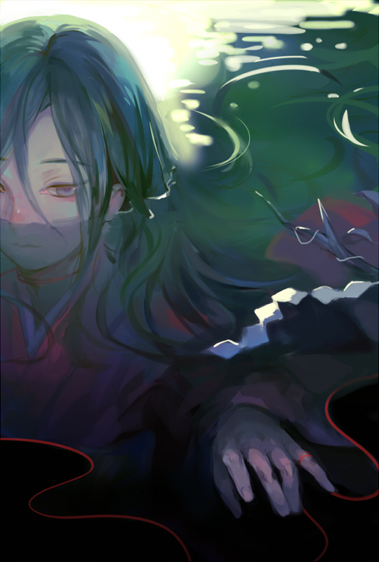 1girl, branch, choker, daloren, green_hair, hair_between_eyes, io_(mushishi), japanese_clothes