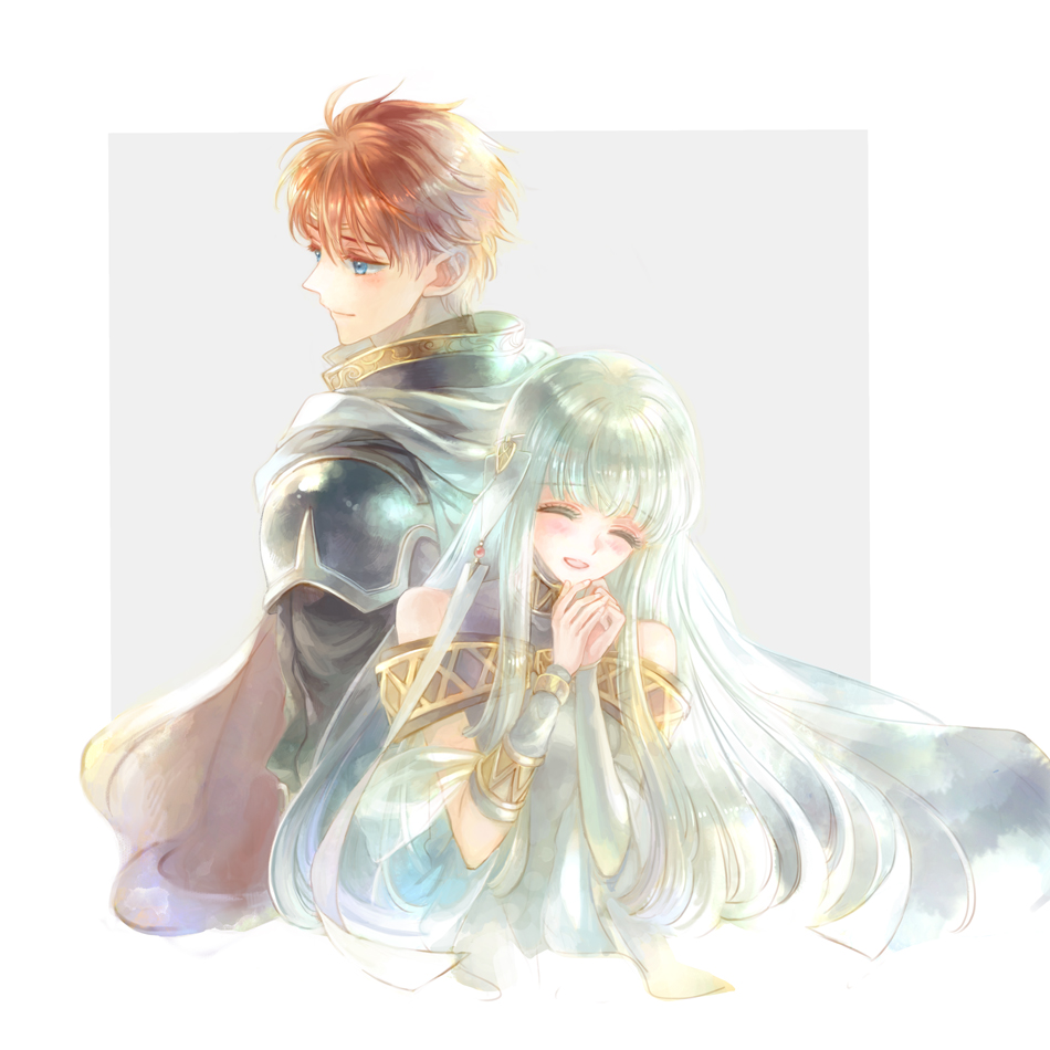 1boy, 1girl, back-to-back, blue_armor, blue_dress, blue_eyes, blue_hair, cape