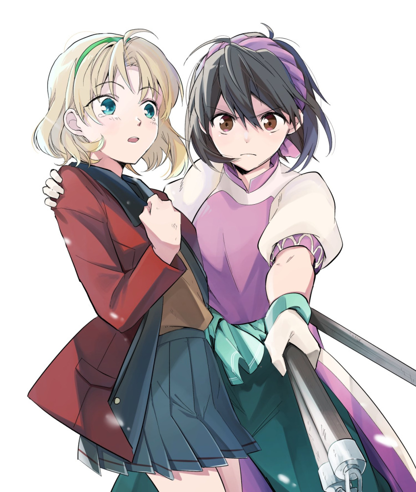2girls, blonde_hair, breasts, closed_mouth, gensou_suikoden, gensou_suikoden_ii, green_eyes, hairband