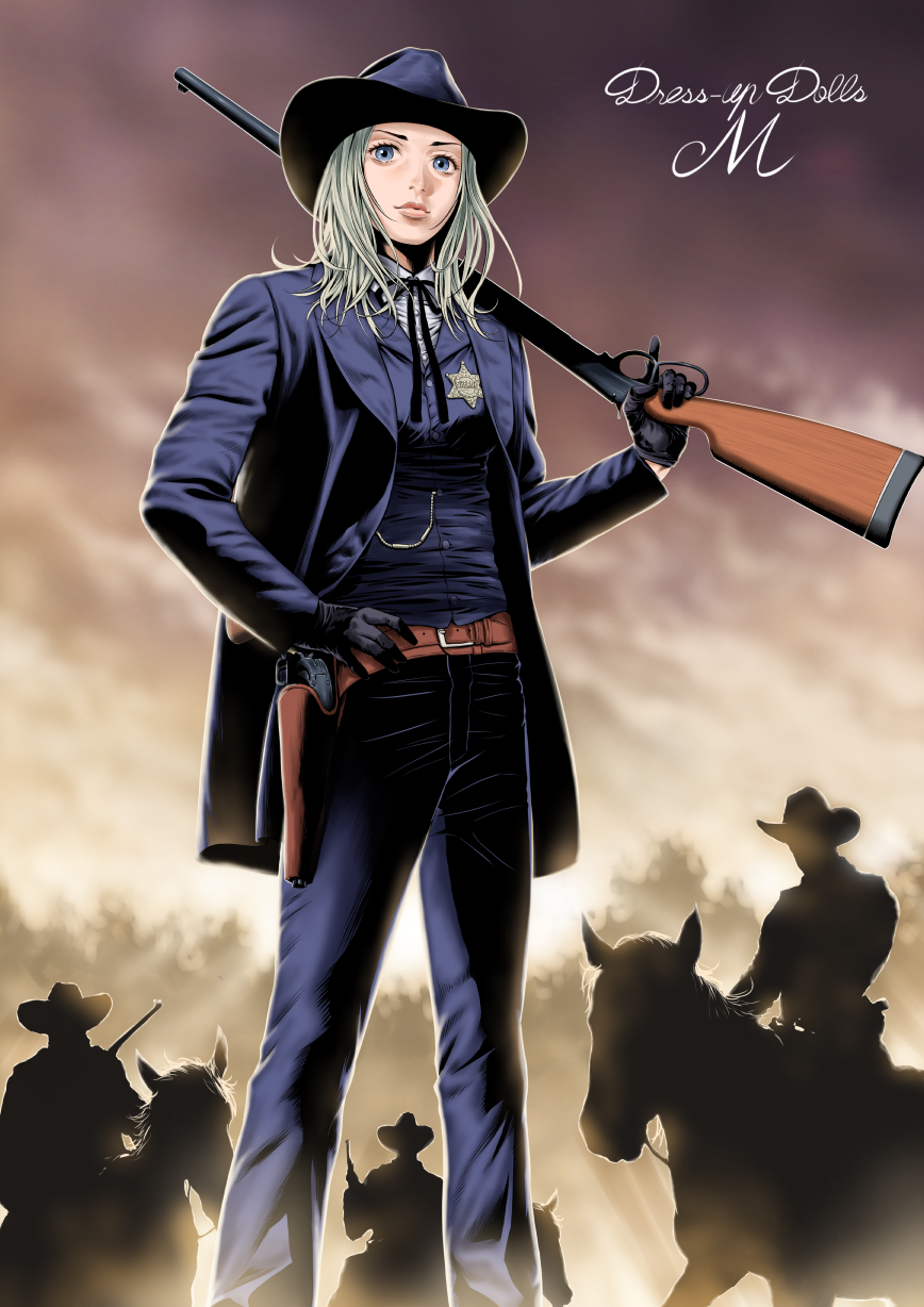 1girl, 3boys, black_gloves, black_jacket, black_pants, blonde_hair, blue_eyes, breasts