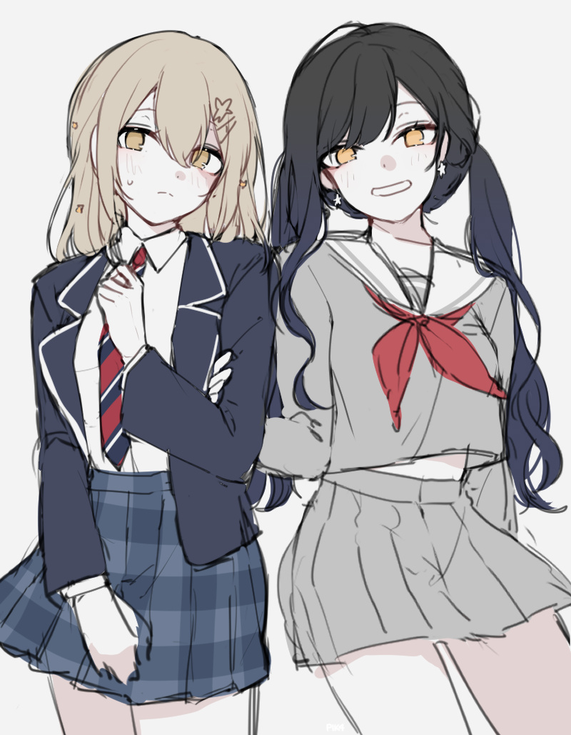 2girls, bangs, black_hair, black_jacket, blonde_hair, blue_skirt, cowboy_shot, diagonal-striped_necktie