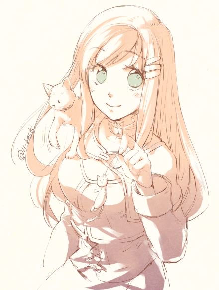 1girl, breasts, cat, closed_mouth, green_eyes, hair_ornament, hairclip, long_hair