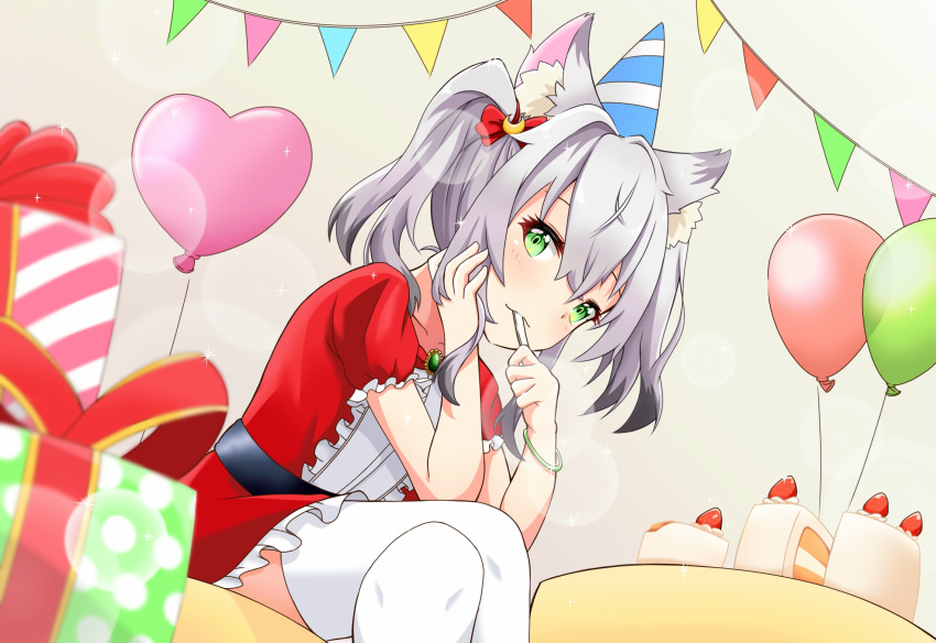 1girl, animal_ear_fluff, animal_ears, balloon, birthday, bow, box, cake, eating, food, fork, gift, gift_box, green_eyes, grey_hair, heart_balloon, highres, kamizuki_naki, looped_braids, prism_project, short_twintails, tedomi_kiro, thigh-highs, twintails, virtual_youtuber, wolf_ears, wolf_girl