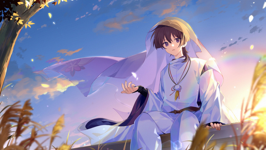 1boy, bangs, black_hair, black_ribbon, blurry, blurry_foreground, clouds, commentary_request