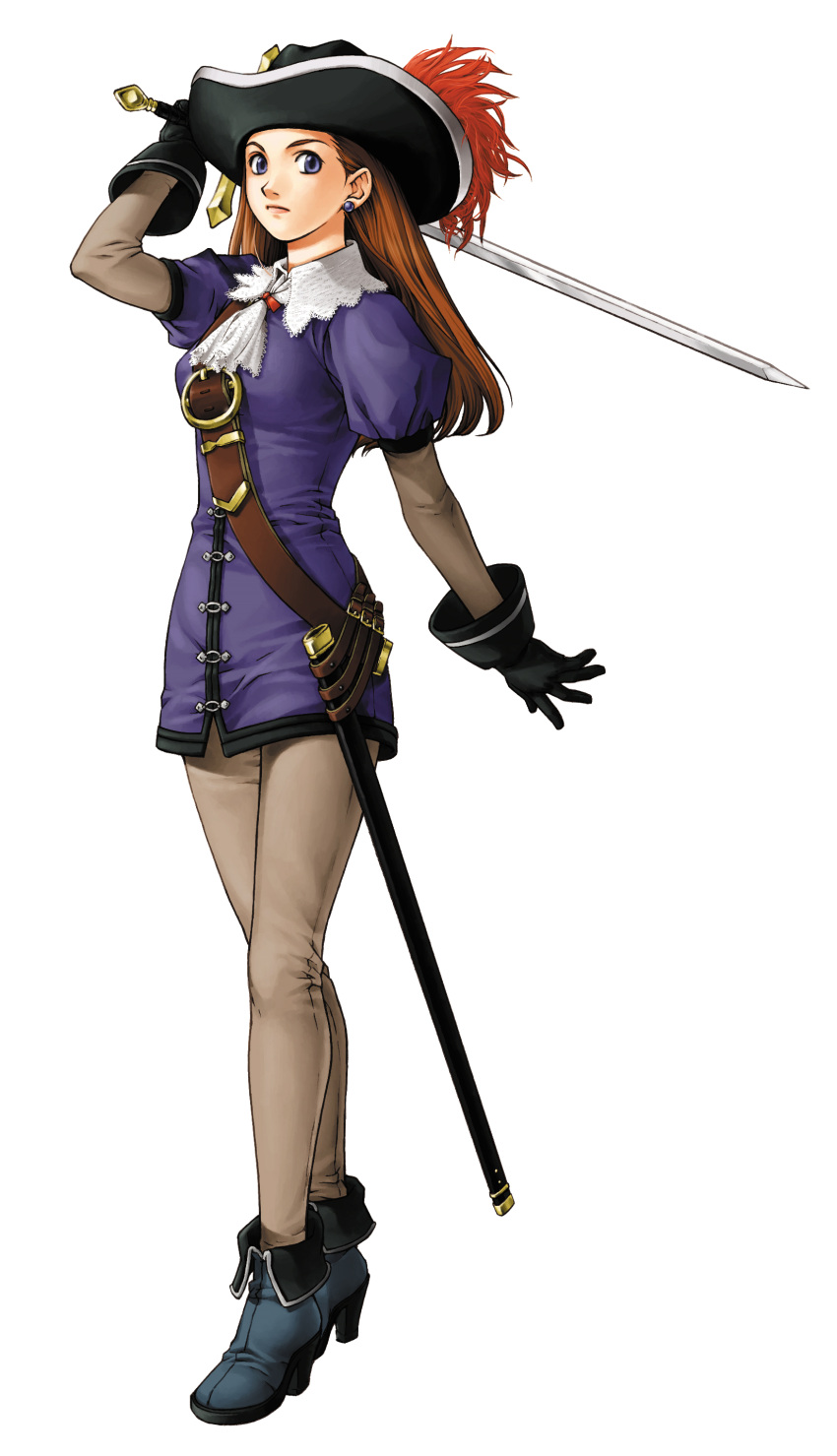 1girl, ankle_boots, arm_up, ascot, blue_eyes, brown_hair, closed_mouth, dress, earrings, fantasy, female, full_body, gensou_suikoden, gensou_suikoden_iii, gloves, hat, high_heels, highres, holding, holding_sword, holding_weapon, ishikawa_fumi, jewelry, lace, lilly_pendragon, long_hair, official_art, pirate, pirate_hat, sheath, shoes, short_dress, simple_background, solo, standing, suikoden, suikoden_iii, sword, weapon, white_background