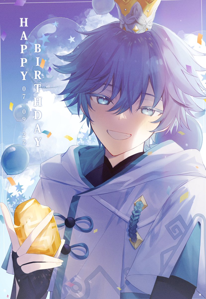 1boy, balloon, bangs, birthday, black_gloves, black_shirt, blue_eyes, blue_hair