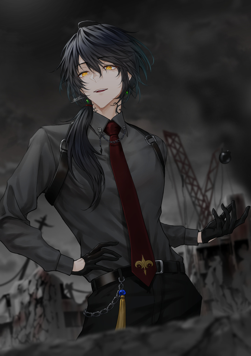 1boy, absurdres, artist_name, bangs, belt, belt_buckle, black_belt, black_gloves