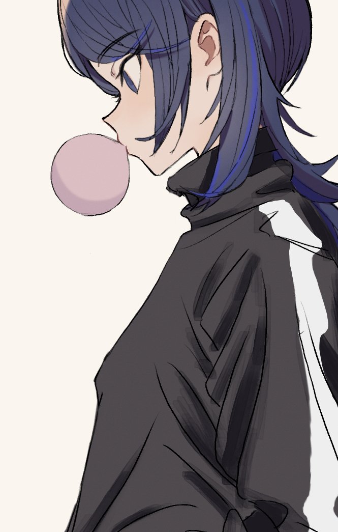 1girl, black_shirt, blue_eyes, blue_hair, bubble_blowing, chewing_gum, commentary, dark_blue_hair