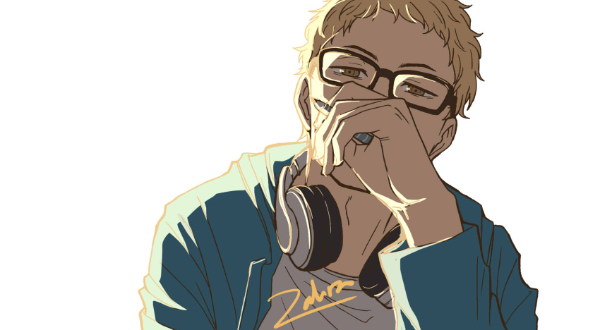 1boy, blonde_hair, blue_jacket, brown_eyes, glasses, haikyuu!!, headphones, highres, holding, holding_pencil, jacket, jettzz, looking_at_viewer, male_focus, pencil, shirt, short_hair, solo, tsukishima_kei, upper_body, white_background, white_shirt
