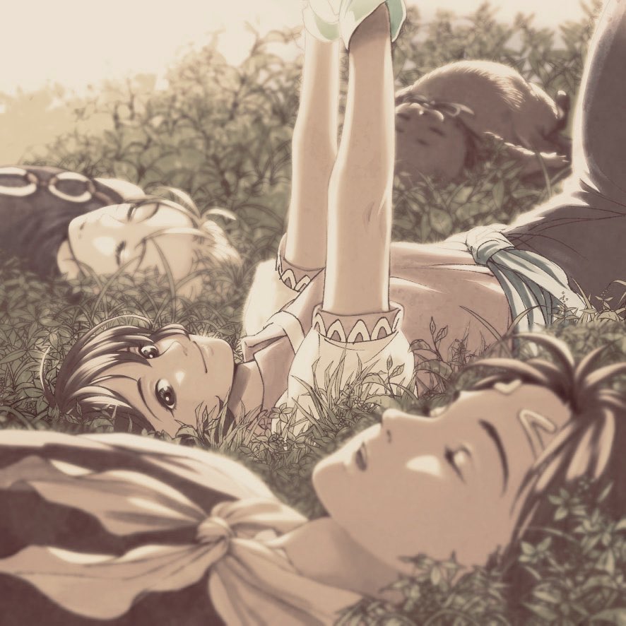 1girl, 3boys, breasts, brown_eyes, brown_hair, cape, circlet, closed_eyes