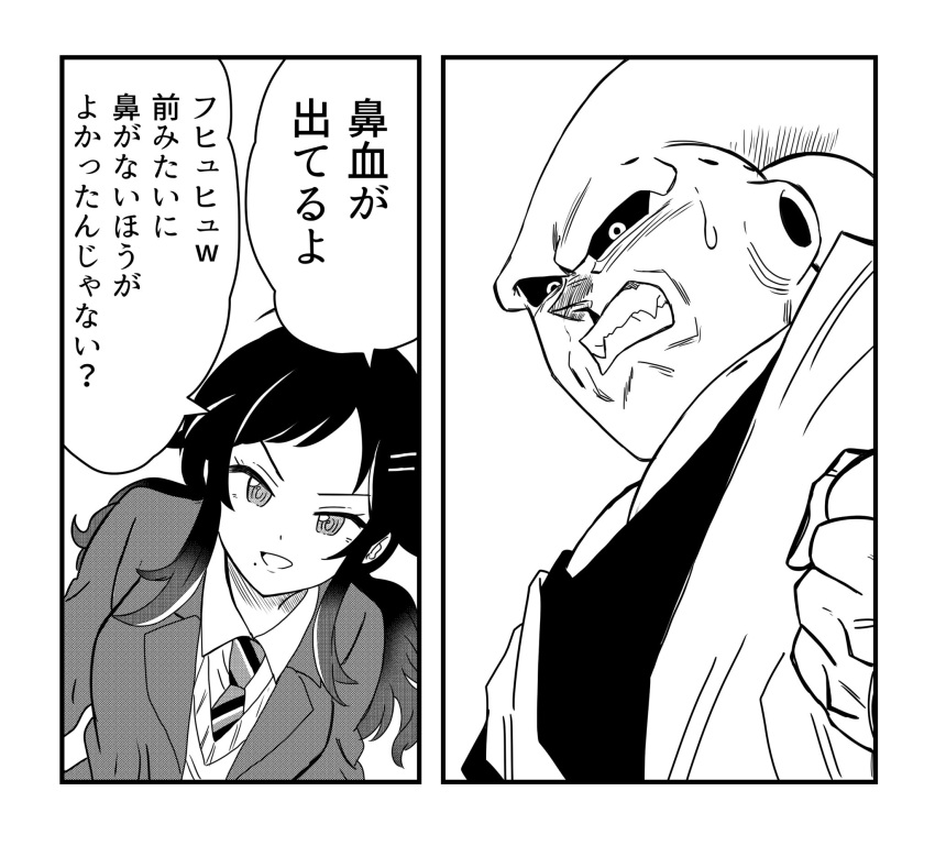1boy, 1girl, angry, bangs, black_sclera, blazer, blood, breasts