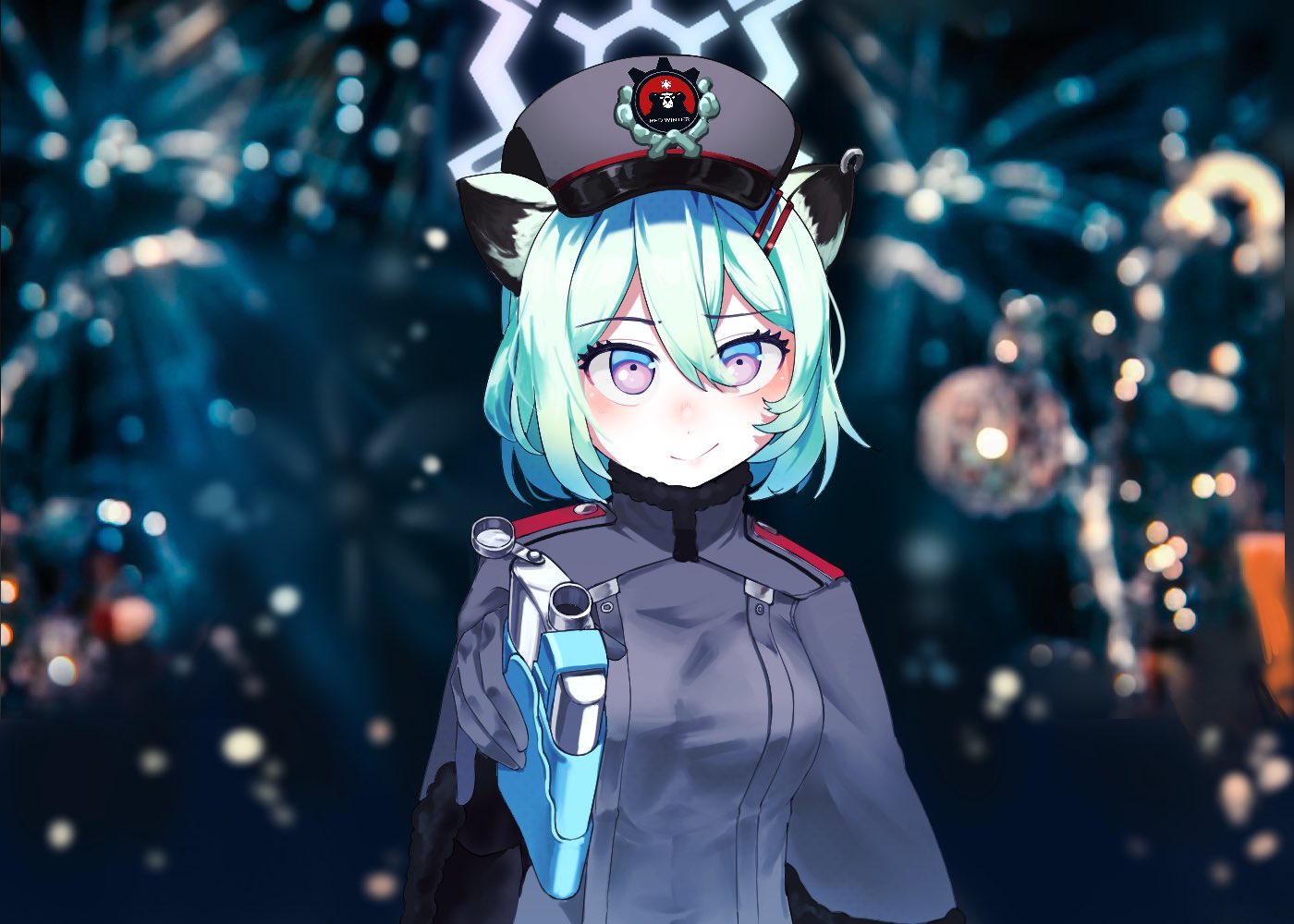 1girl, aerial_fireworks, animal_ears, blue_archive, blurry, blurry_background, cape, closed_mouth, depth_of_field, fireworks, fur-trimmed_cape, fur_trim, green_hair, grey_cape, grey_headwear, hair_between_eyes, hair_ornament, hairclip, halo, hip_flask, holding, looking_at_viewer, meme, night, night_sky, photo-referenced, pink_eyes, rocktide, shigure_(blue_archive), short_hair, sky, smile, solo, the_great_gatsby, upper_body