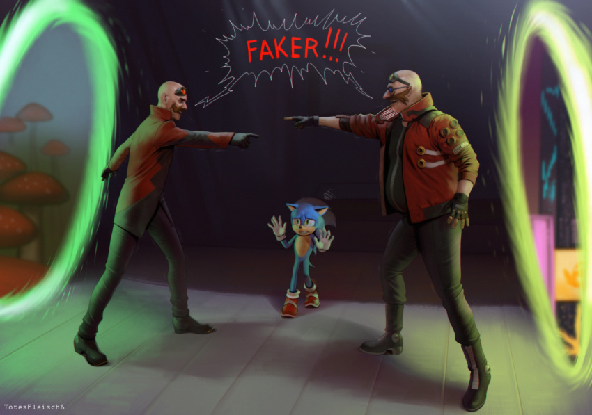 3boys, angry, animal_ears, animal_nose, arm_up, artist_name, backlighting, bald