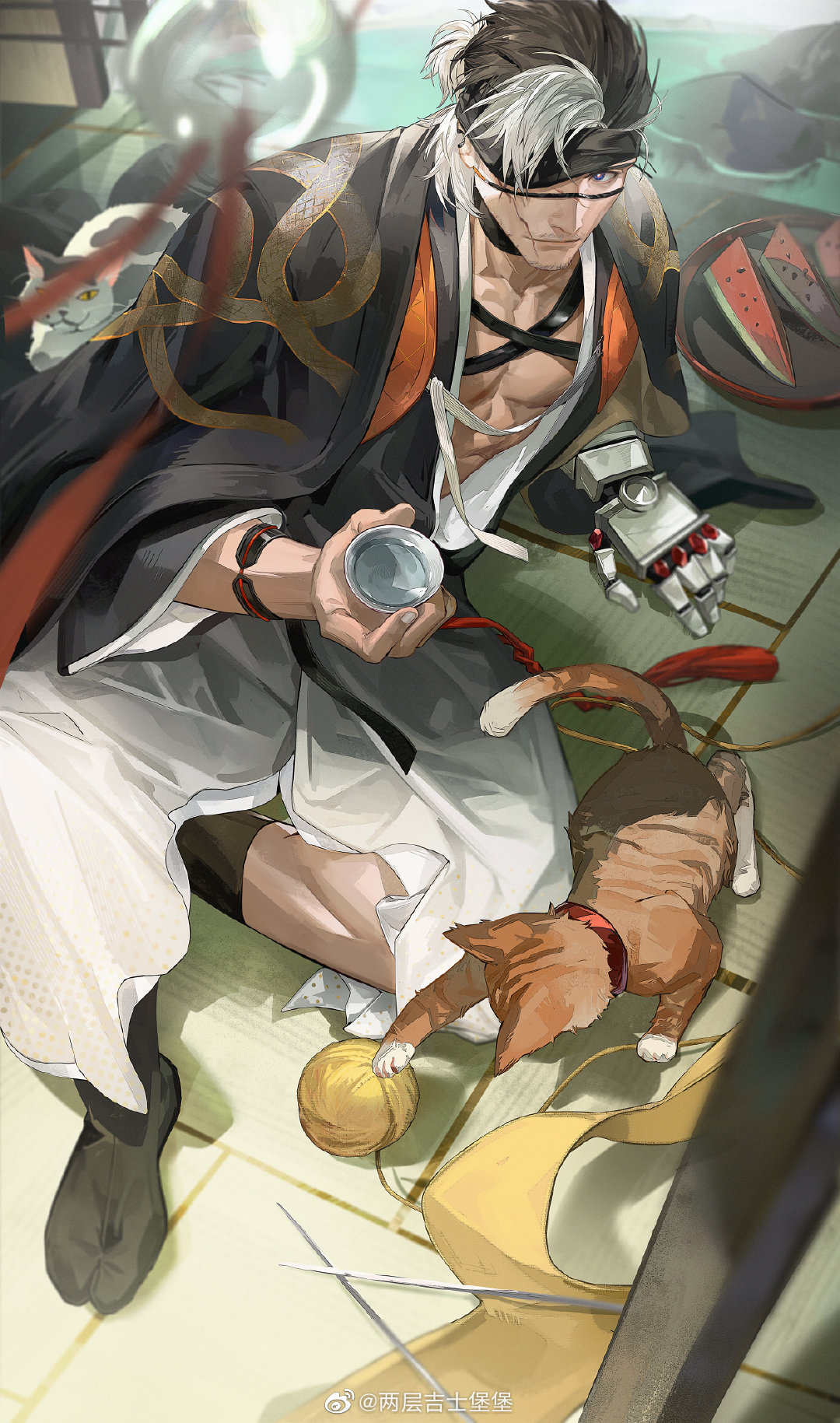 1boy, alcohol, black_hair, black_kimono, black_socks, blue_eyes, bracelet, cat, commentary_request, cup, eyepatch, facial_hair, food, fruit, full_body, girls'_frontline_neural_cloud, girls_frontline, gradient_kimono, highres, holding, holding_cup, indoors, japanese_clothes, jewelry, kimono, looking_at_viewer, male_focus, mechanical_arms, muscular, open_clothes, pectorals, python_(girls'_frontline_nc), redsakaone, sakazuki, sake, scar, scar_on_face, short_hair, single_mechanical_arm, sitting, snake_print, socks, solo, tabi, tatami, watermelon, watermelon_slice, white_hair, wind_chime, yarn, yarn_ball