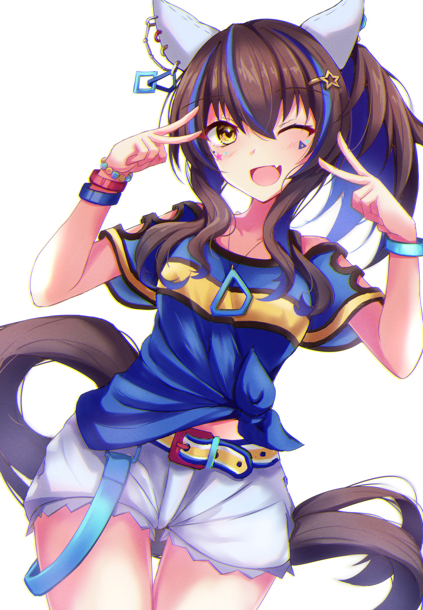 absurdres, animal_ears, belt, blush, commentary_request, daitaku_helios_(umamusume), double_v, fang