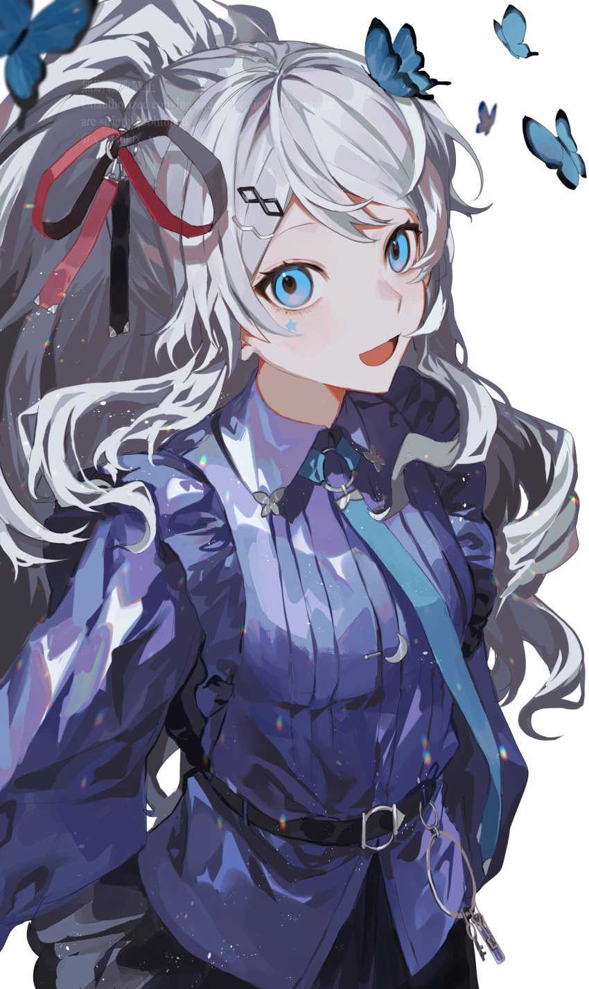 1girl, absurdres, belt, black_belt, black_skirt, blue_eyes, blue_necktie, blue_shirt