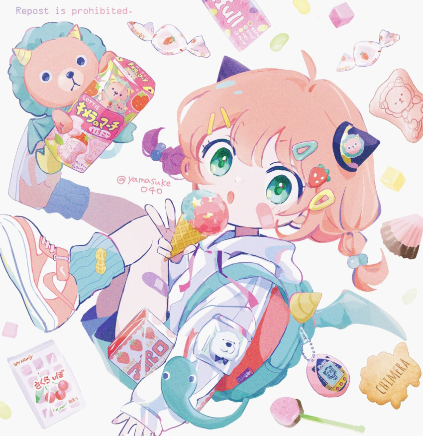 1girl, ahoge, anya_(spy_x_family), bandaged_leg, bandages, bangs, candy, candy_wrapper