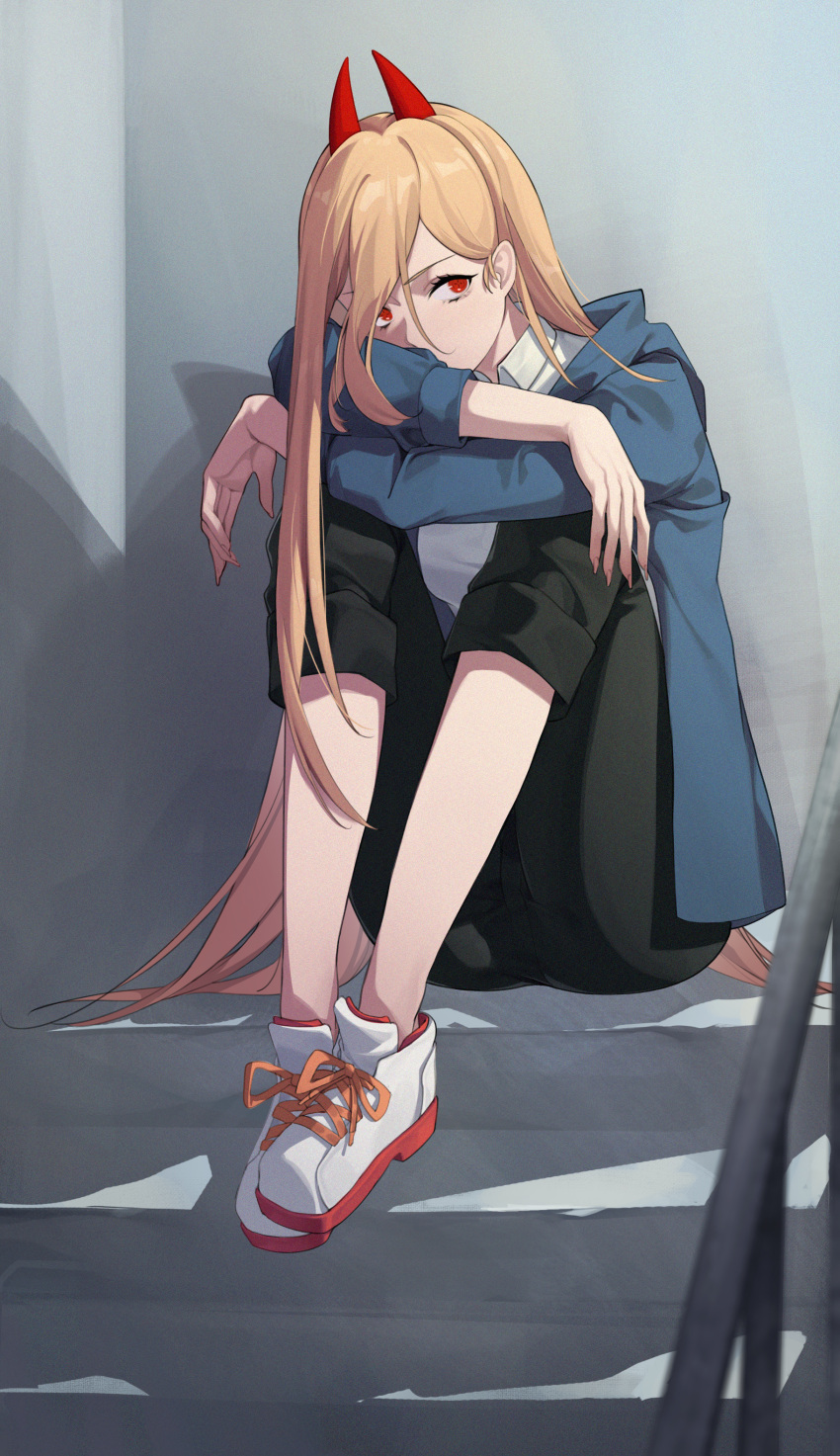 1girl, absurdres, black_pants, blodia, blue_jacket, chainsaw_man, collared_shirt, commentary_request, cross-shaped_pupils, demon_horns, full_body, hair_between_eyes, heianjian, highres, horns, hugging_own_legs, jacket, knees_up, long_hair, long_sleeves, looking_afar, open_clothes, open_jacket, pants, pants_rolled_up, power_(chainsaw_man), red_eyes, red_horns, shadow, shirt, shoelaces, shoes, sitting, sneakers, solo, stairs, symbol-shaped_pupils, very_long_hair, white_footwear, white_shirt, yellow_nails