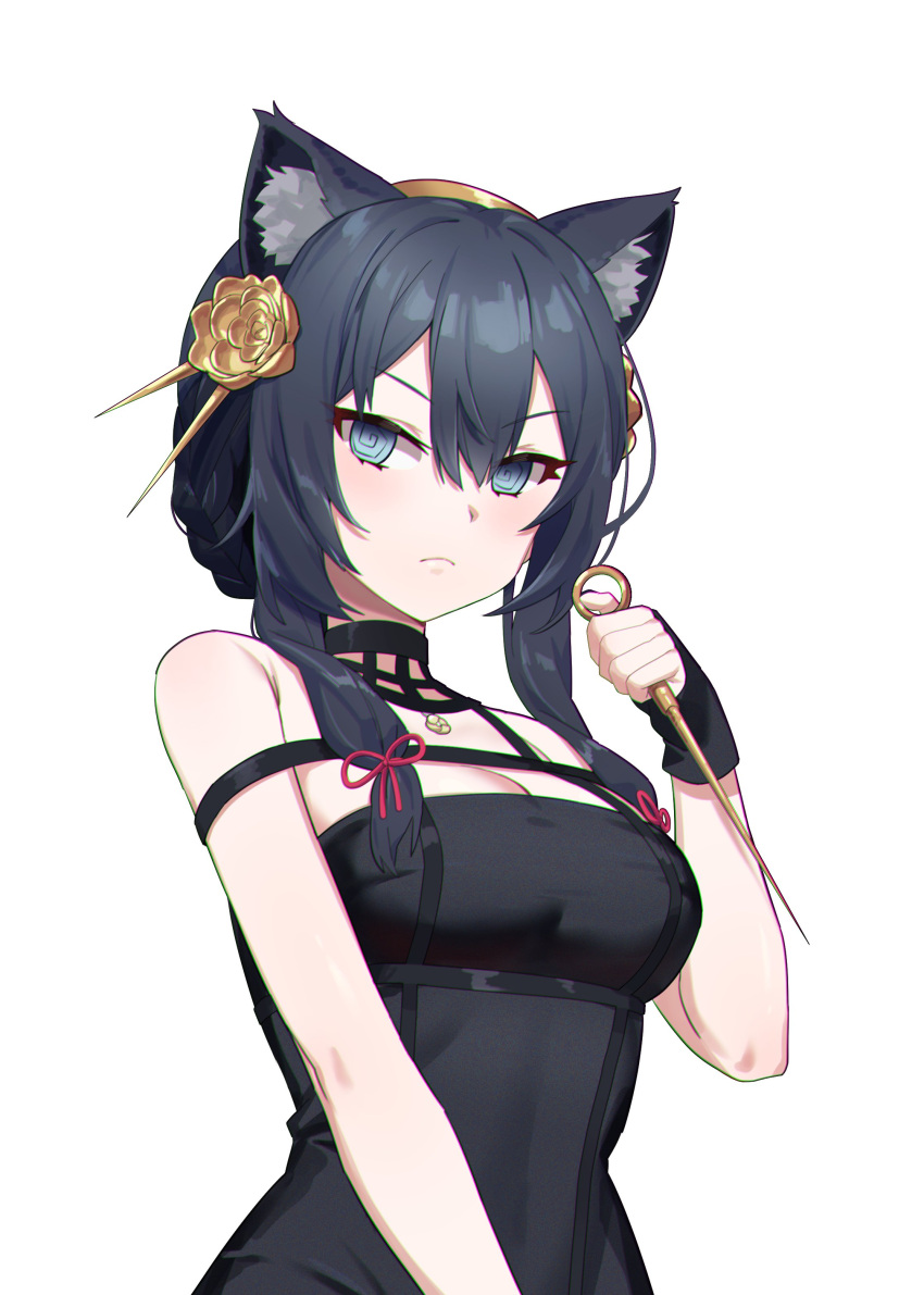 1girl, @_@, absurdres, animal_ear_fluff, animal_ears, bangs, bare_shoulders, black_dress