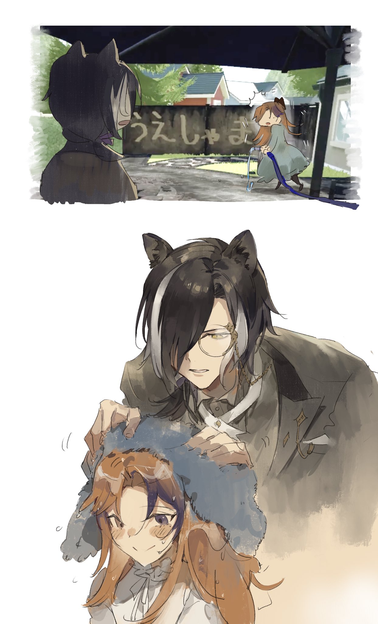 1boy, 1girl, ^^^, aged_down, animal_ears, aqua_dress, backyard, bangs, black_bow, black_footwear, black_hair, black_jacket, blush, bow, butler, collared_shirt, cross_tie, dress, drying, drying_hair, faceless, faceless_female, genderswap, genderswap_(mtf), grey_shirt, hair_bow, hair_over_one_eye, hair_ribbon, heterochromia, highres, holding, holding_hose, holostars, hose, jackal_boy, jackal_ears, jacket, kageyama_shien, lapel_pin, long_hair, long_sleeves, looking_at_another, low_ponytail, medium_hair, mole, mole_under_eye, monocle, mstarsgasuki, multicolored_hair, official_alternate_costume, open_mouth, orange_eyes, orange_hair, parted_bangs, powerwash_simulator, purple_hair, purple_ribbon, ribbon, shirt, smile, streaked_hair, sweatdrop, towel, tree, two-tone_hair, umbrella, upper_body, violet_eyes, virtual_youtuber, wall, wet, wet_hair, white_background, white_dress, white_hair, wiping, yellow_eyes, yukoku_roberu