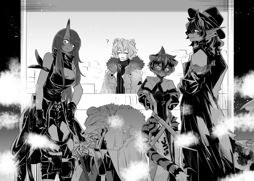 animal_ears, arknights, bangs, bare_shoulders, bear_boy, bear_ears, breasts, coat