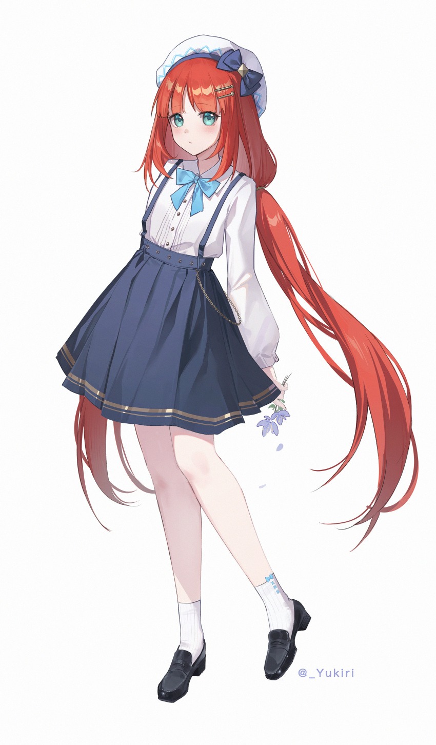 1girl, absurdres, alternate_costume, arms_behind_back, black_footwear, blue_bow, blue_bowtie, bow