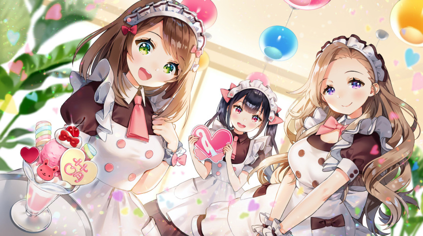 3girls, ancotaku, apron, asymmetrical_bangs, at-home_cafe, bangs, black_dress, black_hair