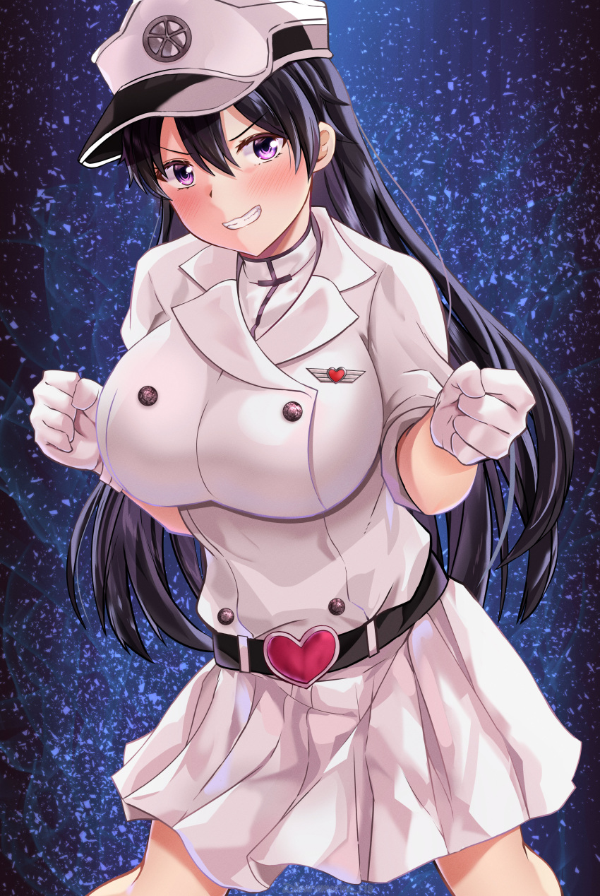 1girl, absurdres, bambietta_basterbine, bangs, black_hair, bleach, bleach:_the_thousand-year_blood_war, blush, breasts, clenched_hands, gloves, hair_between_eyes, hat, heart, heart_belt, highres, large_breasts, long_hair, looking_at_viewer, military, military_hat, military_uniform, miniskirt, skirt, smile, solo, sternritter, teeth, uniform, v-shaped_eyebrows, violet_eyes, wandenreich, white_gloves, white_skirt, yagiryu
