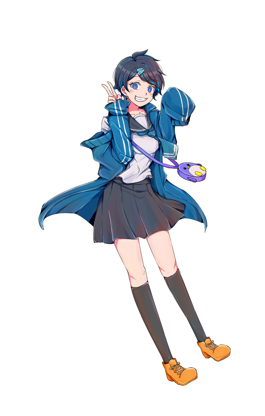 1girl, bag, black_hair, black_socks, blue_eyes, blue_hair, blue_jacket, blue_neckerchief
