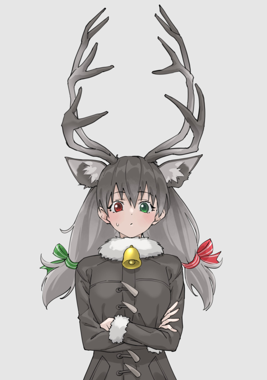 1girl, absurdres, animal_ear_fluff, animal_ears, antlers, bangs, bell, coat