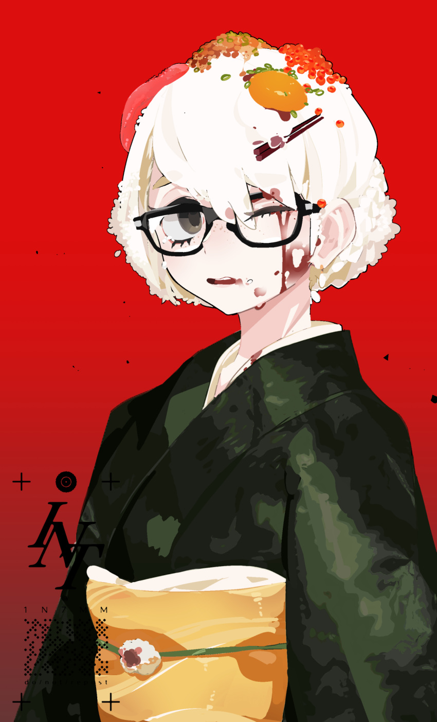 1girl, black-framed_eyewear, black_eyes, chopsticks, food, food_on_hair, food_on_head, freckles