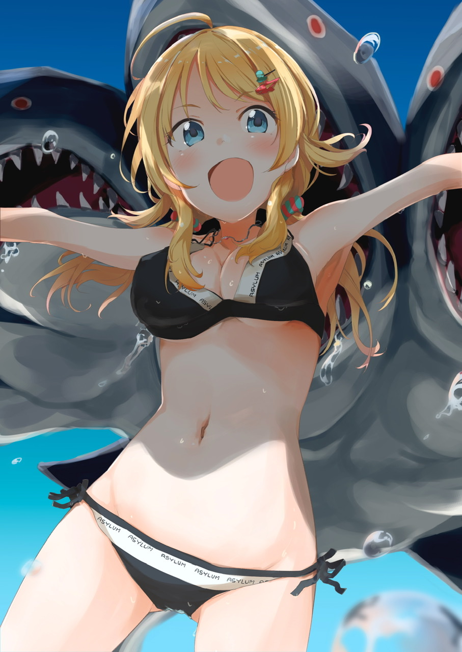 1girl, :d, ahoge, armpits, bikini, black_bikini, blonde_hair, blue_eyes