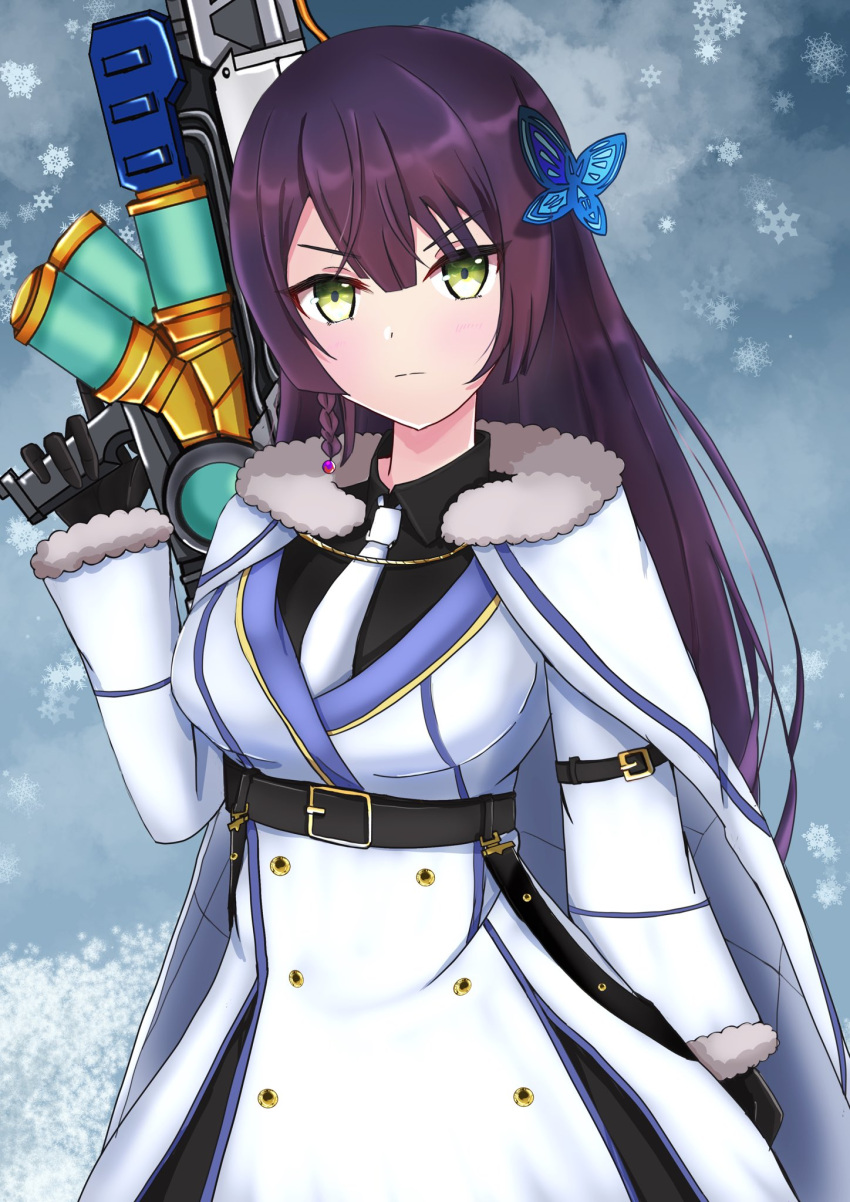 1girl, arm_at_side, assault_lily, bangs, belt, belt_buckle, black_belt, black_gloves