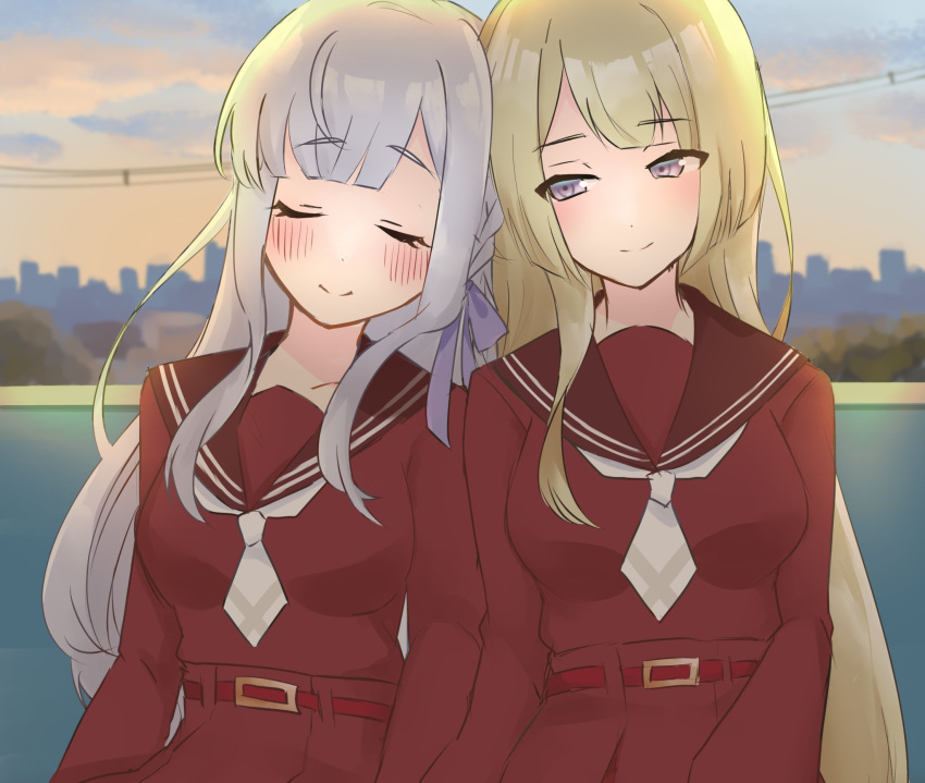 2girls, arms_at_sides, assault_lily, bangs, belt, belt_buckle, bench, blonde_hair
