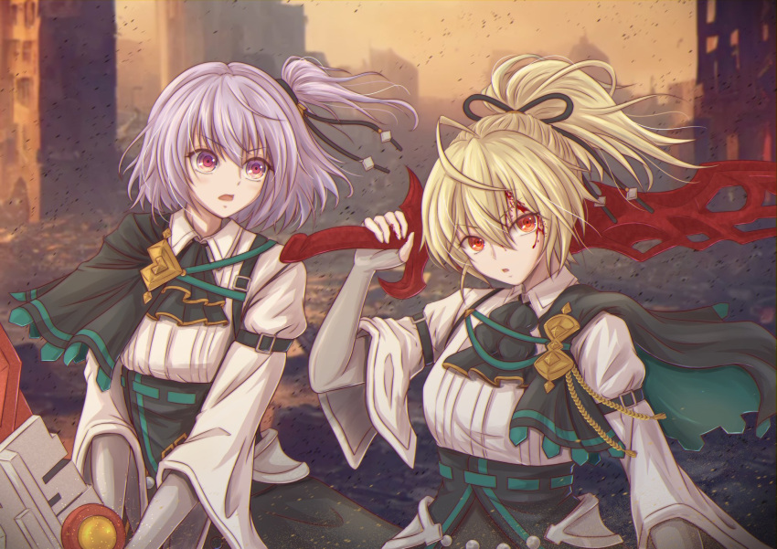 2girls, ahoge, andou_tazusa, arm_at_side, arm_belt, armor, ascot, assault_lily