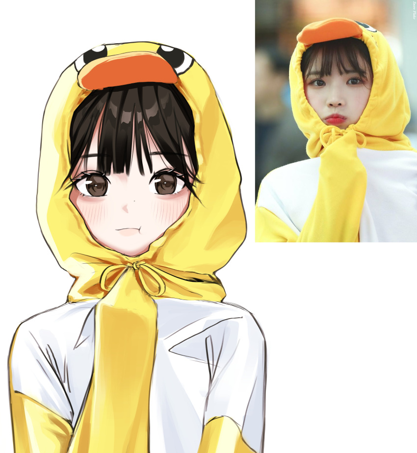 1girl, absurdres, animification, bangs, black_hair, blush, brown_eyes, duck_hood