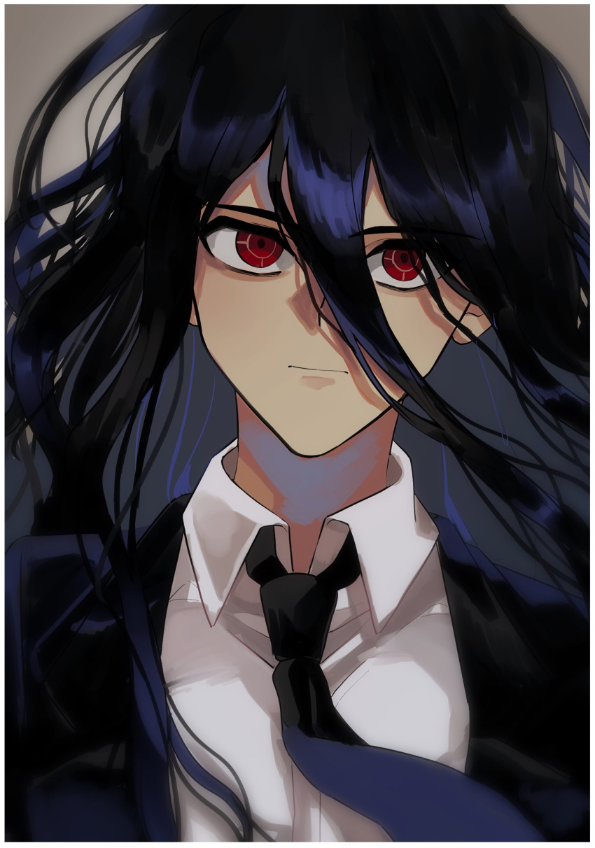 1boy, bangs, black_hair, black_jacket, black_necktie, border, closed_mouth, collared_shirt, danganronpa_(series), danganronpa_2:_goodbye_despair, hair_between_eyes, hakumai_(mgmg_okomee), highres, jacket, kamukura_izuru, long_hair, necktie, portrait, red_eyes, shiny, shiny_hair, shirt, solo, white_border, white_shirt