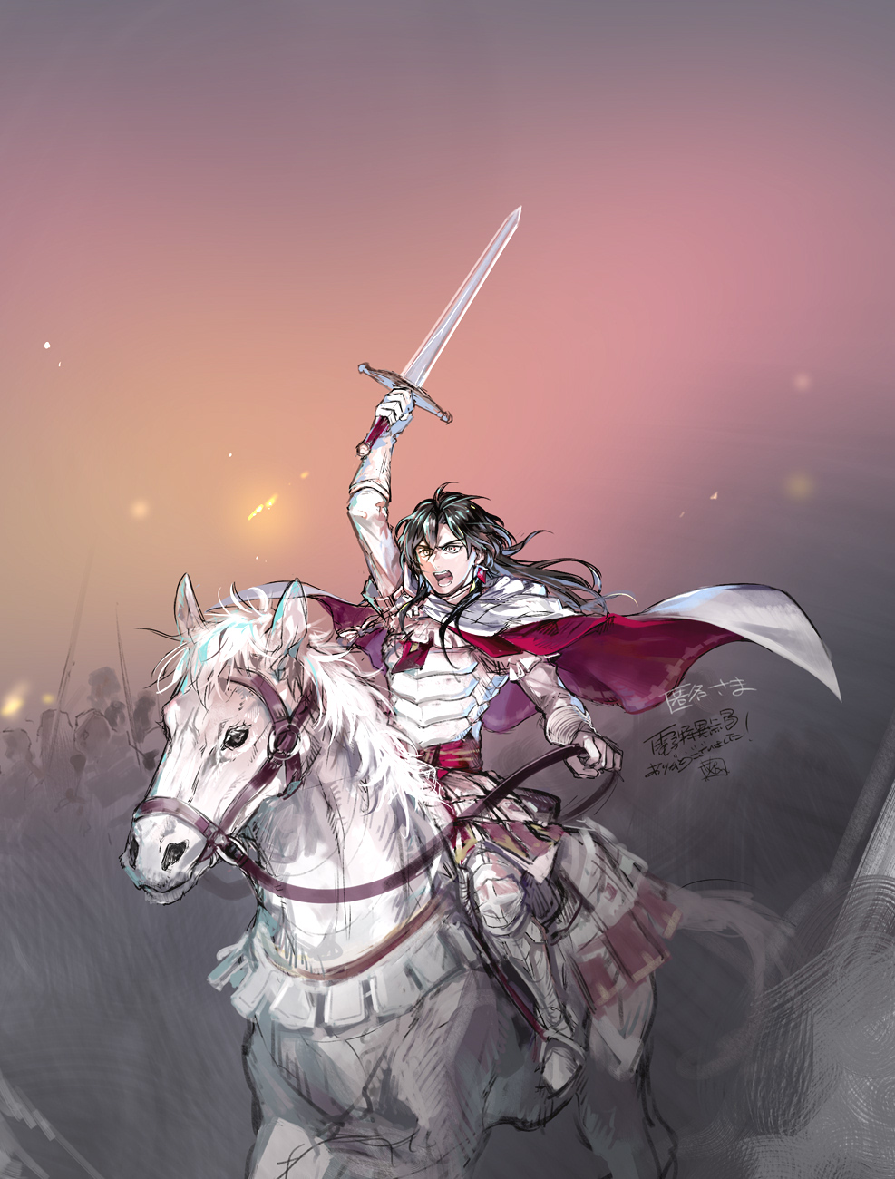 1boy, arm_up, armor, armored_boots, black_hair, boots, cloak, constantine_xi_(fate)