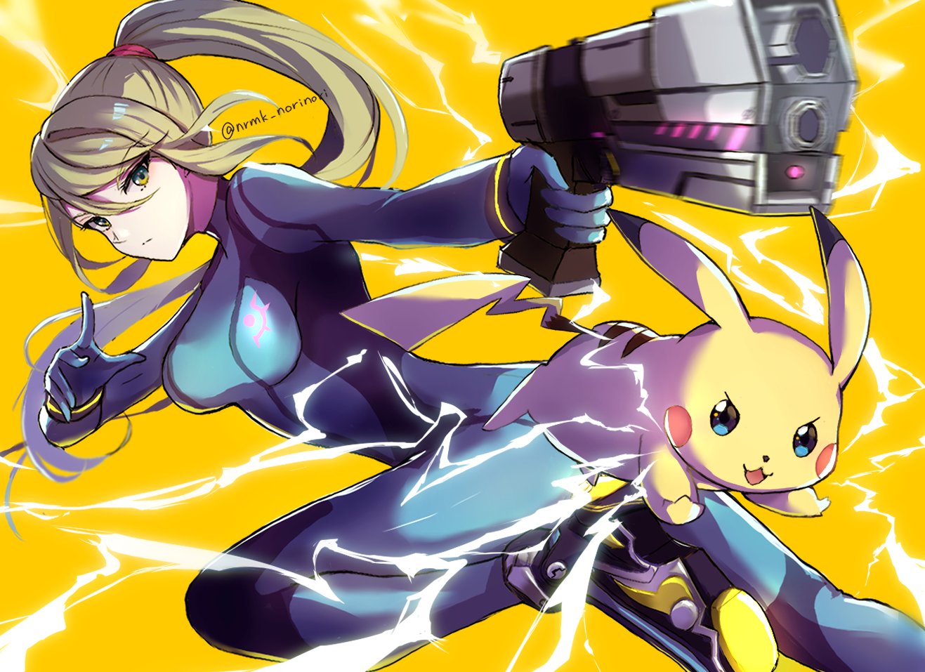 1girl, bangs, blonde_hair, blue_eyes, bodysuit, breasts, fusion_suit, gun