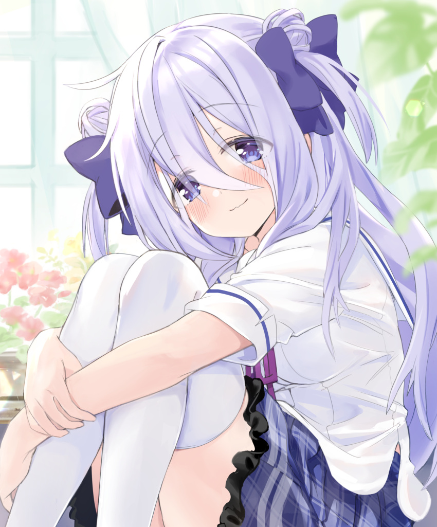 1girl, amamiya_shizuku_(hizuki_yayoi), bangs, blue_skirt, blush, bow, closed_mouth, commentary_request