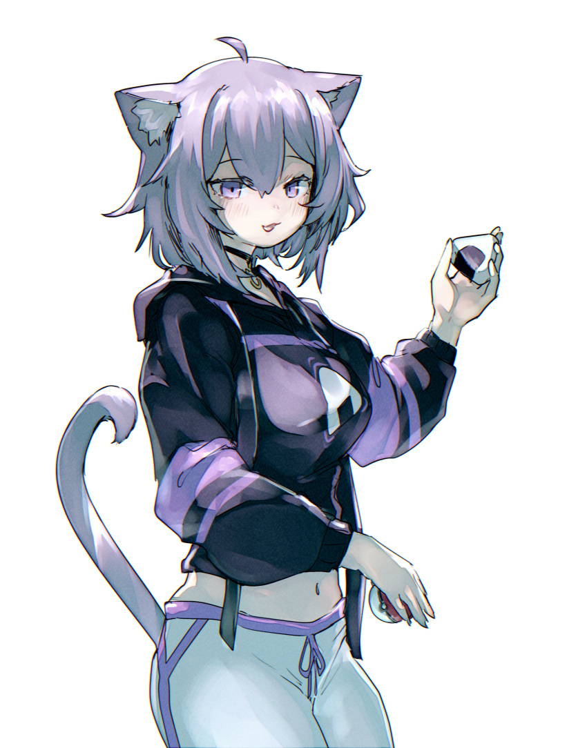 1girl, absurdres, ahoge, animal_ear_fluff, animal_ears, black_hoodie, blush, cat_ears, cat_girl, cat_tail, food, highres, hololive, hood, hoodie, ikayaki_(artist), midriff, navel, nekomata_okayu, onigiri, onigiri_print, open_mouth, pants, poke_ball, poke_ball_(basic), purple_hair, tail, violet_eyes, virtual_youtuber, white_background, white_pants