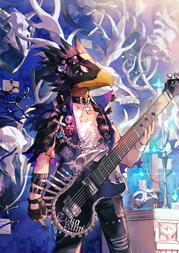1boy, alternate_costume, animal_head, animal_skeleton, animal_skull, antlers, arm_at_side, arm_belt