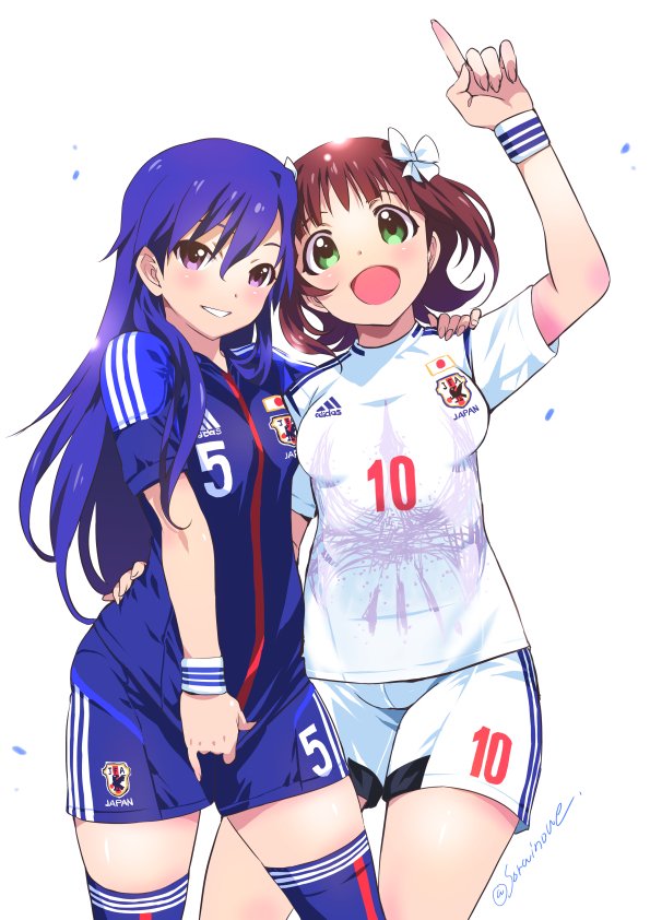 2022_fifa_world_cup, 2girls, adidas, amami_haruka, arm_up, bangs, blue_hair, blue_shirt