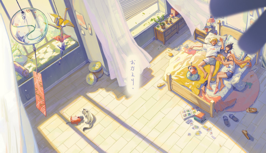 1girl, 2boys, bare_arms, bare_shoulders, bed, black_hair, blinds, blonde_hair