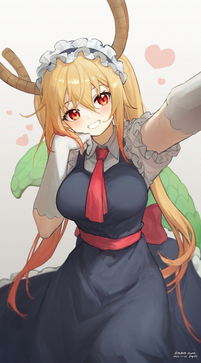 1girl, absurdres, alalen, apron, artist_name, back_bow, bangs, blonde_hair