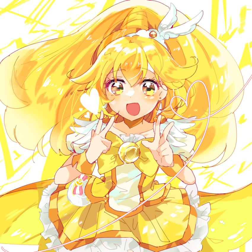 1girl, blonde_hair, blush, bow, cure_peace, double_v, earrings, hair_flaps