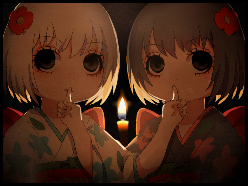 2girls, bangs, black_background, black_border, black_hair, black_kimono, border, candle